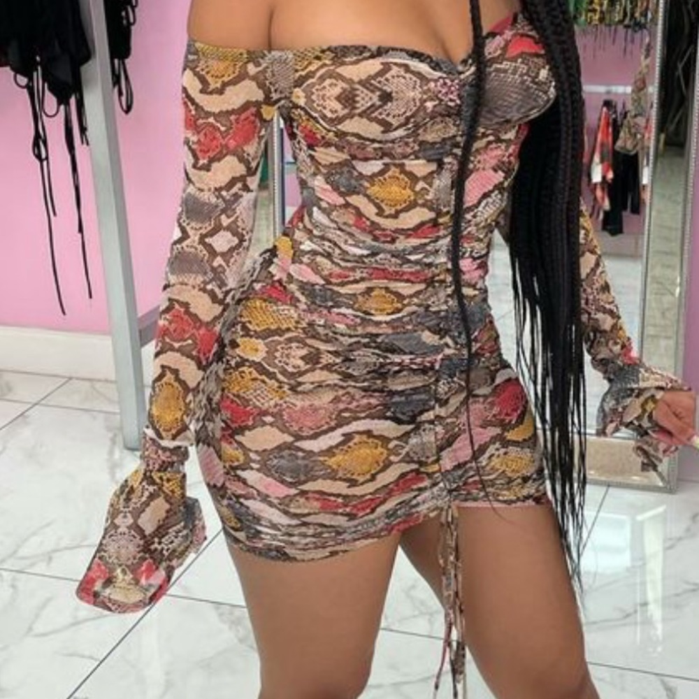 Snake print ruffle sleeve off the shoulder dress